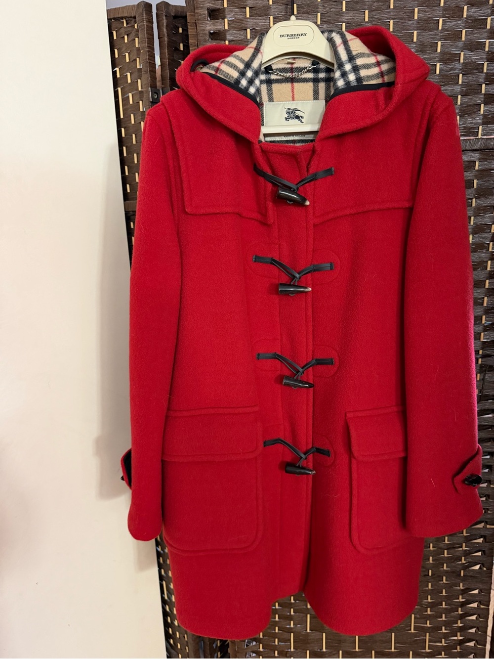 Burberry Red Hooded Wool Duffle Coat with Check Lining